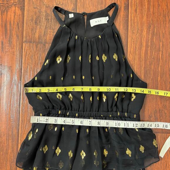 ALC Rosa Sleeveless Fil Coupe Silk Black Ruffle Halter Midi Dress Metallic Gold - Picture 4 of 13